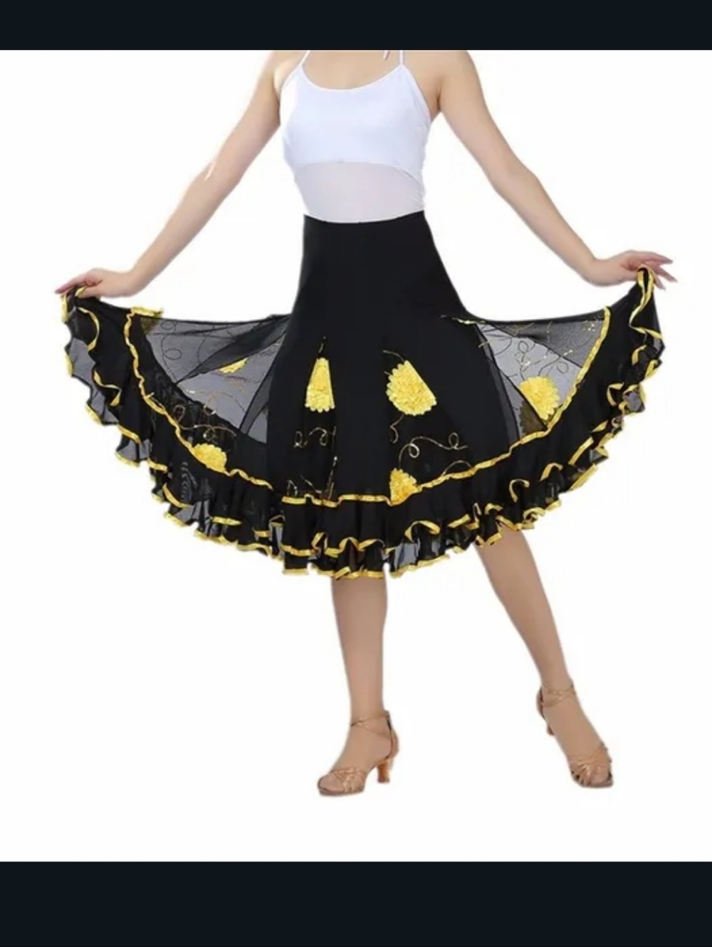 Exquisite Flamenco Boho Chic Tiered Tulle Skirt - Yellow 3D Roses & Gold Sequins